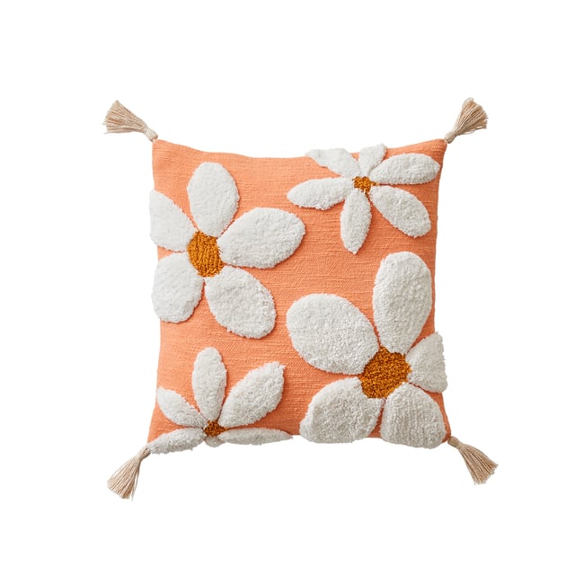 Coussin Marguerite à pompons orange <span itemprop=