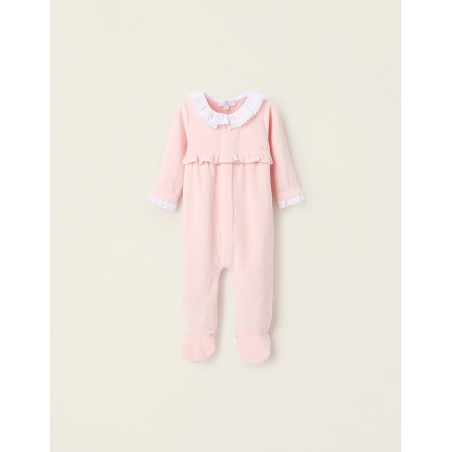 Grenouillère en Velours avec Volants et Broderie Anglaise rose <span itemprop=