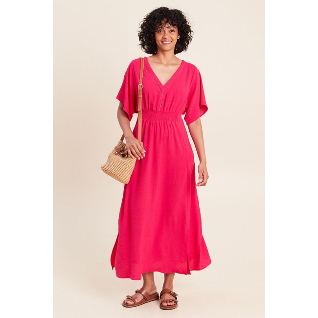 Robe longue évasée col v manches coudes rose fushia <span itemprop=