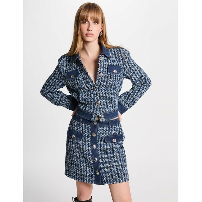 Jupe courte tweed pied de poule <span itemprop=