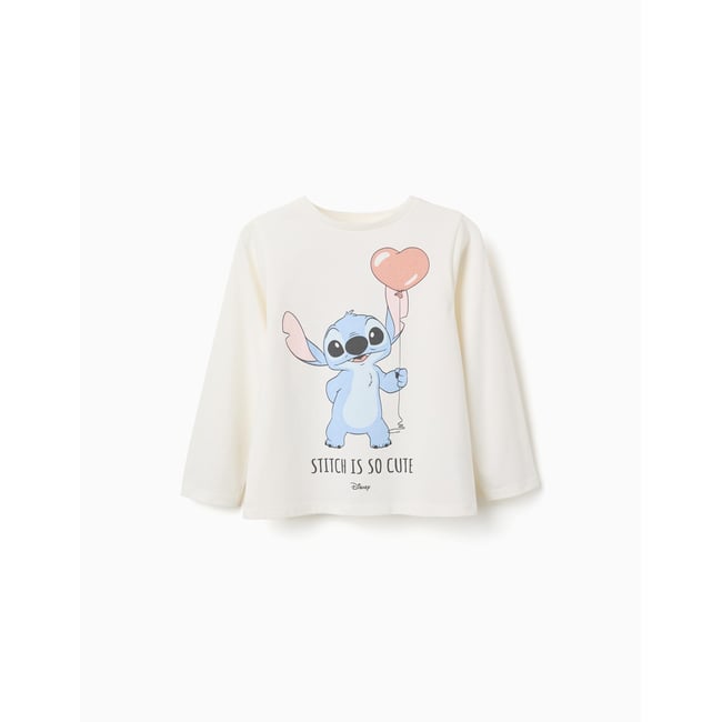 T-shirt en coton à manches longues avec imprimé Stitch is Cute blanc <span itemprop=