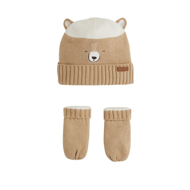 Bonnet bébé et moufles en tricot Moka marron <span itemprop=