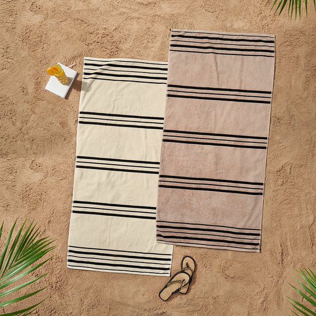 Banded Stripe Cotton Beach Towel Pair, natural, CATHERINE LANSFIELD