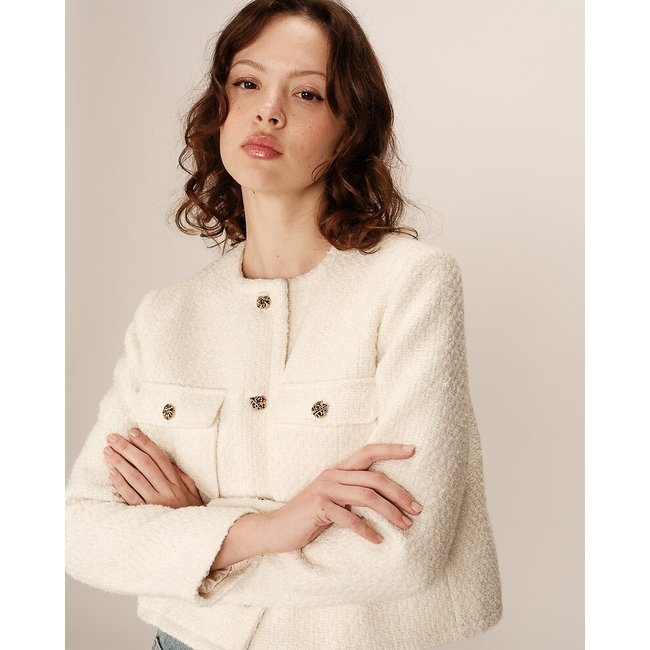 Casaco curto de tweed PRUNE cru <span itemprop=