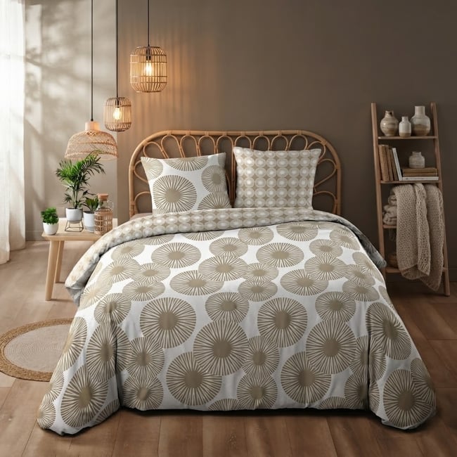 Parure de lit Collection Nabula fleurie beige <span itemprop=