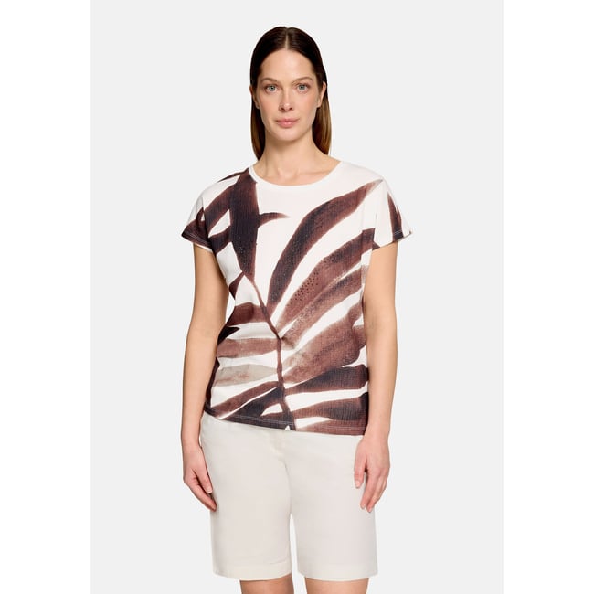 T-Shirt avec structure à encolure bateau blanc/marron <span itemprop=