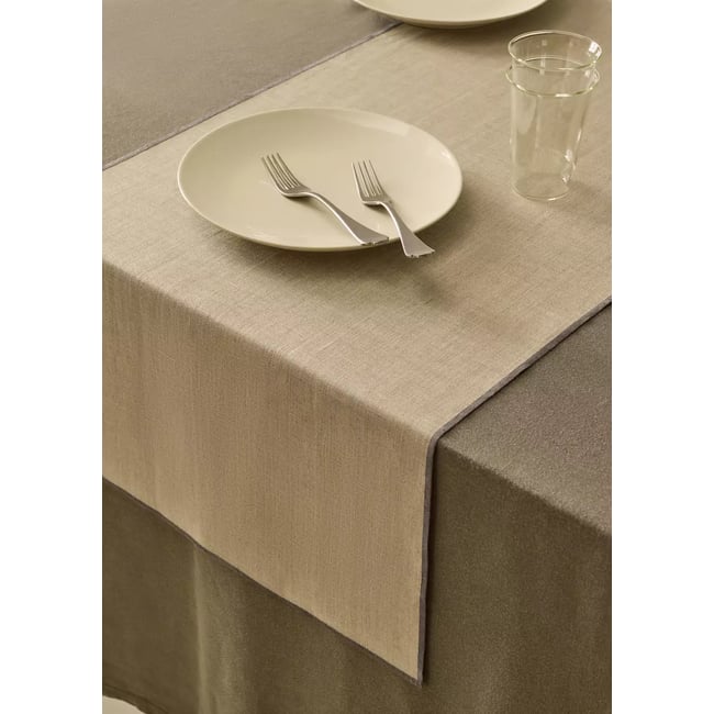 Chemin de table en lin enduit avec finition overlock marron clair/pastel <span itemprop=