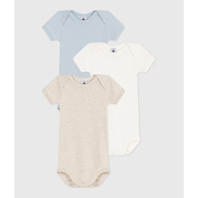 Pack of 3 Bodysuits with Short Sleeves, white/blue/beige, PETIT BATEAU