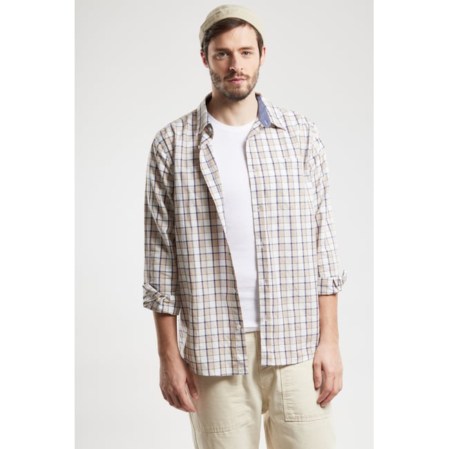 Chemise coupe confort en coton et lin carreaux oyster <span itemprop=
