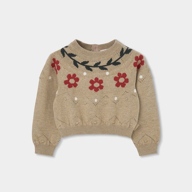 Pull fille imprimé de fleurs beige <span itemprop=