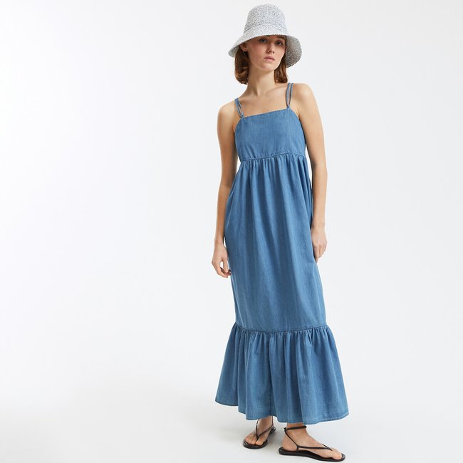 Flared Denim Maxi Dress with Thin Straps, double stonewashed, LA REDOUTE COLLECTIONS