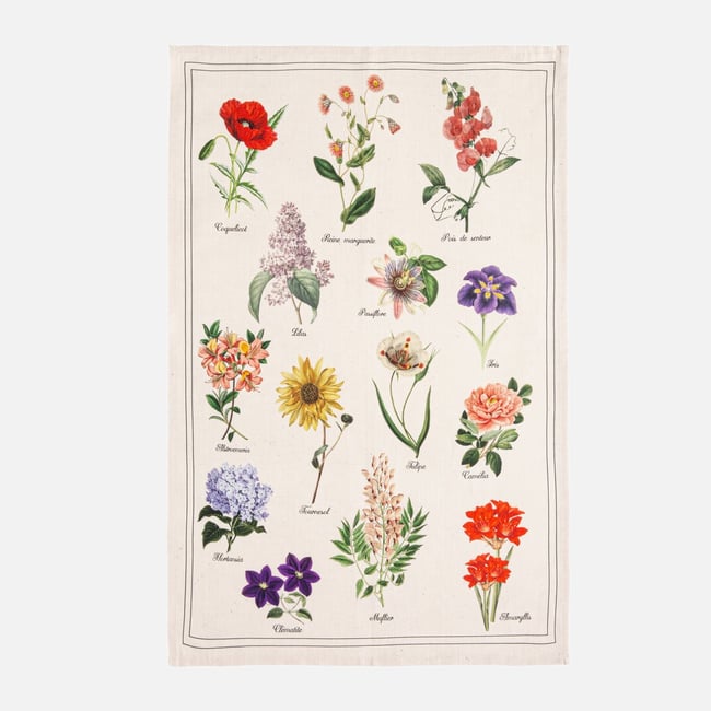 Torchon imprimé en coton et lin HERBIER blanc fleuri <span itemprop=