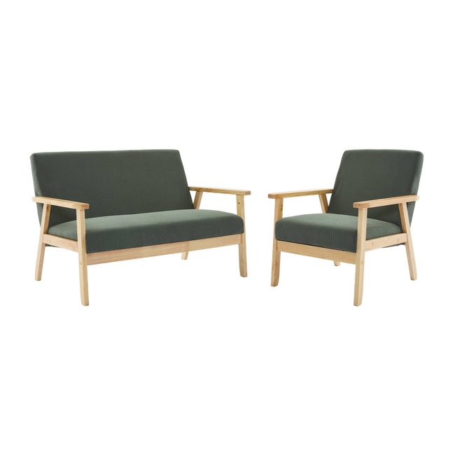 Banquette + fauteuil 3 places bois d'hévéa velours côtelé ISAK - SWEEEK