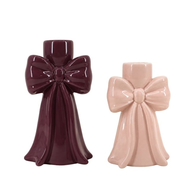 Set de 2 bougeoirs en céramique noeud violet et rose Couleur violet <span itemprop=