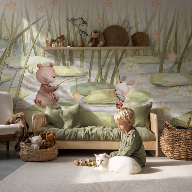 Papier peint étoiles nature chambre bébé Couleur vert <span itemprop=