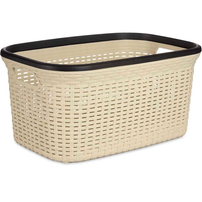 Panier à linge buanderie beige et noir 2 poignées Couleur beige <span itemprop=