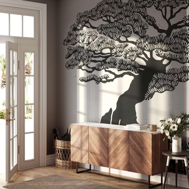 Papier peint panoramique avec Pin et estampes japonaises - 255x260 cm (l x h) Couleur noir <span itemprop=