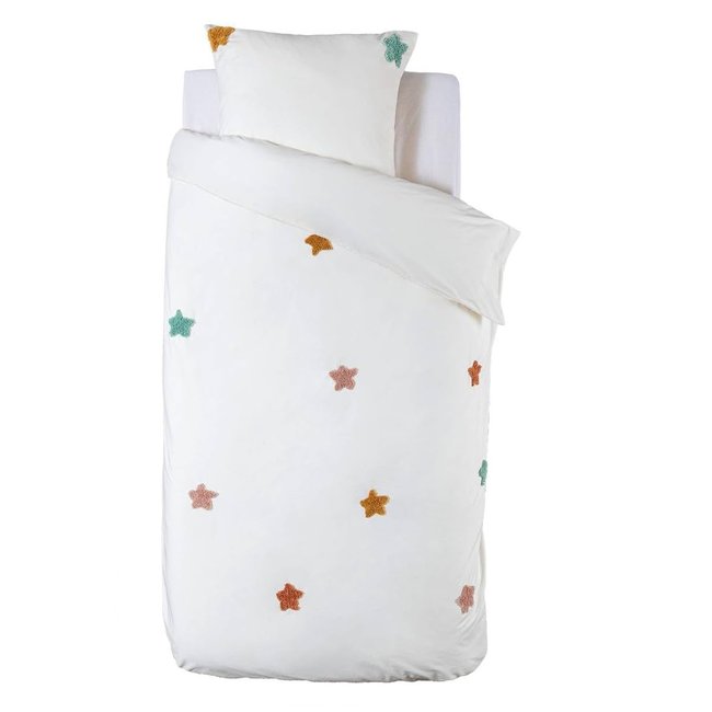 Housse de couette + 1 taie coton lave Petites etoiles blanc <span itemprop=