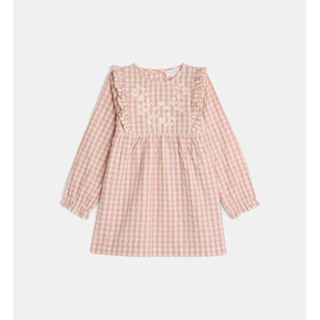 Robe évasée tasa check seersucker vichy coton bio rose et beige <span itemprop=