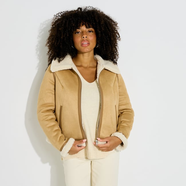 Blouson en suédine beige <span itemprop=