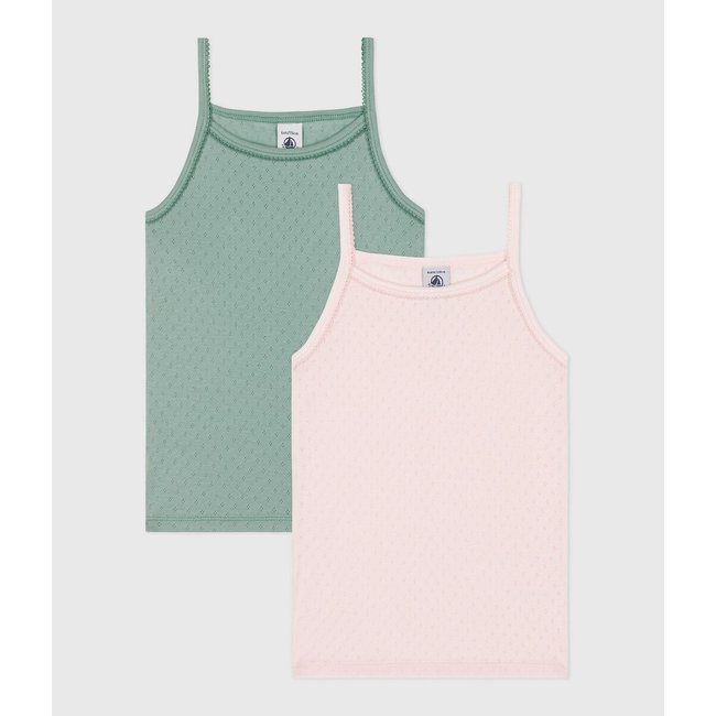 Set of 2 Shoestring-Straps Vests, pink/green, PETIT BATEAU