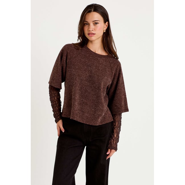 Top bi-matière dentelle col rond marron foncé <span itemprop=