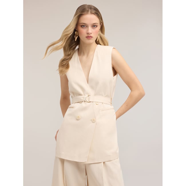 Gilet double boutonnage avec ceinture blanc <span itemprop=