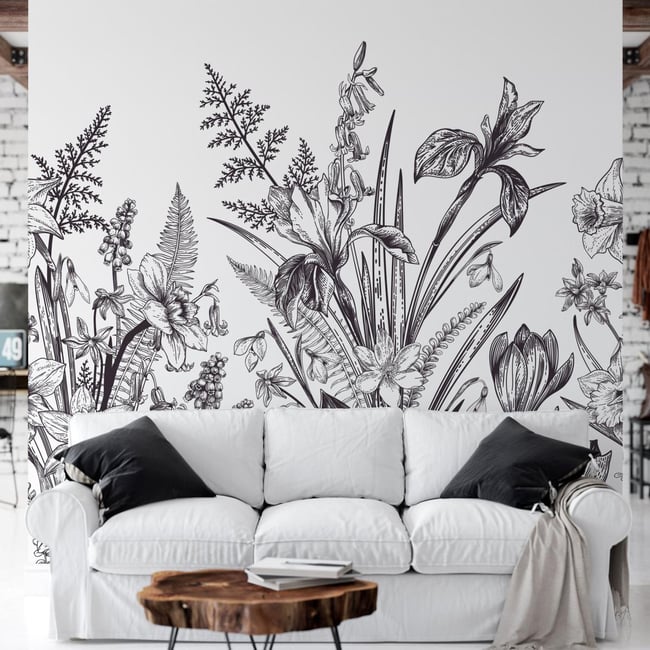 Papier peint floral et panoramique avec jardin de plantes - 340x260 cm (l x h) Couleur noir <span itemprop=