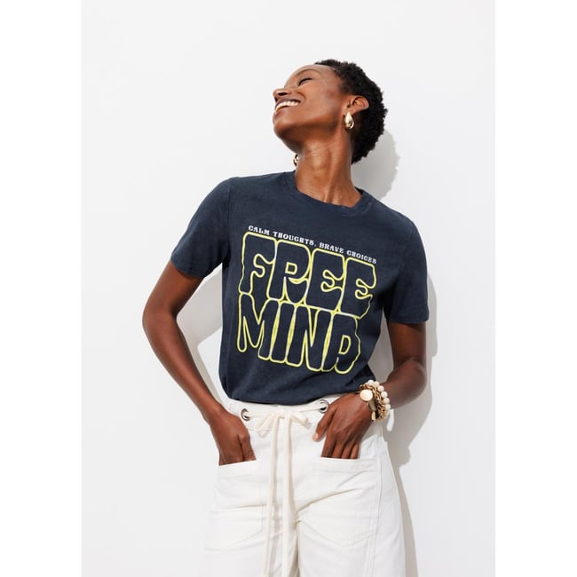 T-shirt à message 'free mind' imprimé bleu <span itemprop=