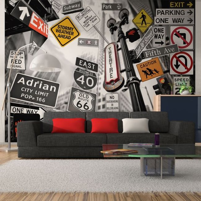 Papier peint intissé panoramique Street art Panneaux de signalisation à New York (fond noir et blanc) Couleur noir <span itemprop=