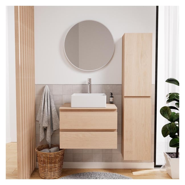 Ensemble meuble simple vasque 60 cm + vasque + robinet + miroir + colonne SORRENTO Couleur chêne <span itemprop=