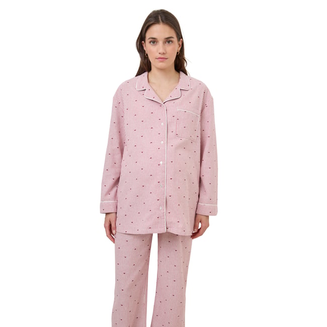 Ensemble 2 pièces pyjama de grossesse en flanelle rayée motifs coeurs rose nude <span itemprop=