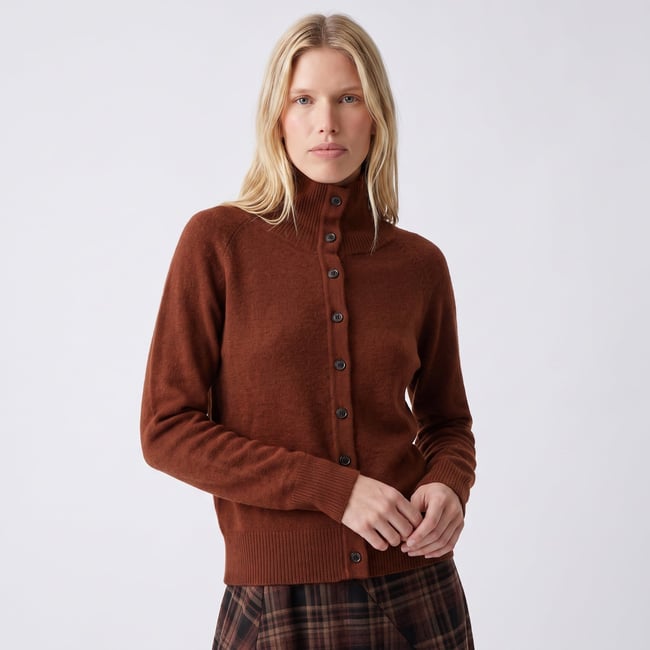 Cardigan col montant boutonné coupe ajustée ANORIA caramel <span itemprop=