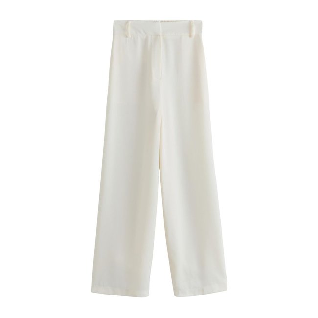 Pantalon large satin taille élastique dos écru <span itemprop=