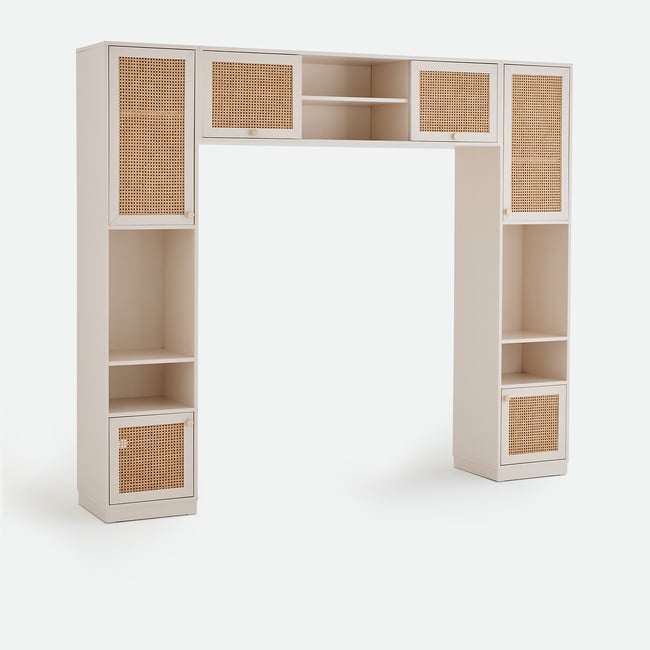 Tête de lit pont avec rangements, portes pin et cannage, PAOLA Couleur ecru <span itemprop=