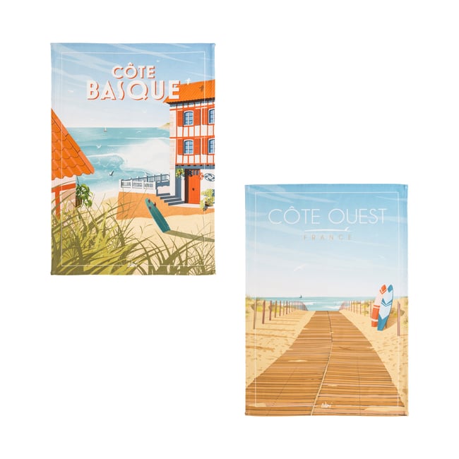 Lot de 2 torchons imprimés en coton, CÔTE BASQUE ET CÔTE OUEST multicolore <span itemprop=