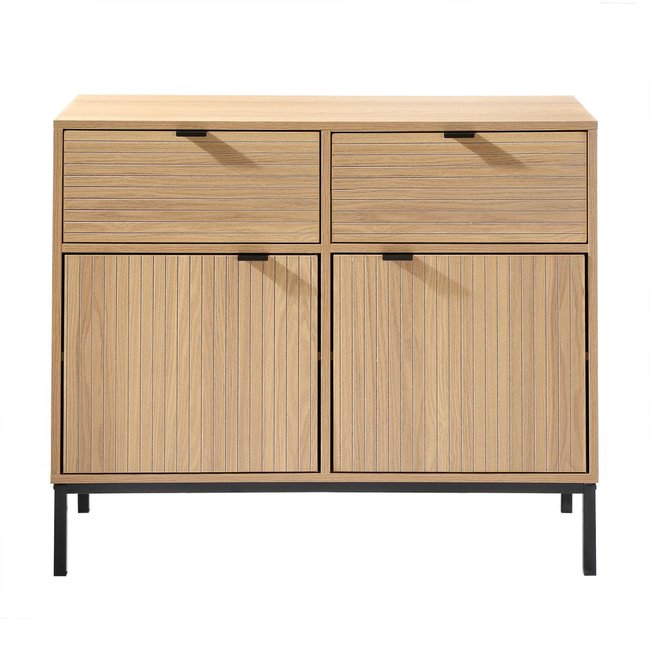 Petit buffet 2 Portes 2 Tiroirs Façades Rainurées L90 x H79 cm - TARA Couleur bois clair <span itemprop=