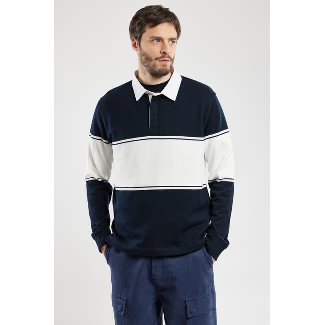 Sweat col polo en coton rustique rich navy/milk <span itemprop=