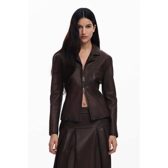 Veste en cuir biker à basque marron <span itemprop=