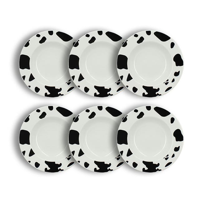 Lot de 6 assiettes creuses 20cm en porcelaine, VACHE Couleur blanc-noir <span itemprop=