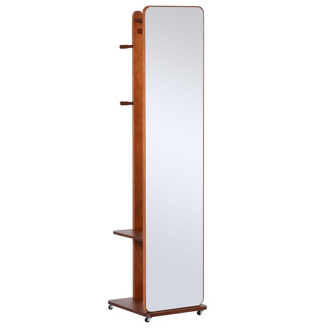 Miroir sur pied avec roulettes - portant, 4 patères étagère - aspect bois Couleur marron <span itemprop=
