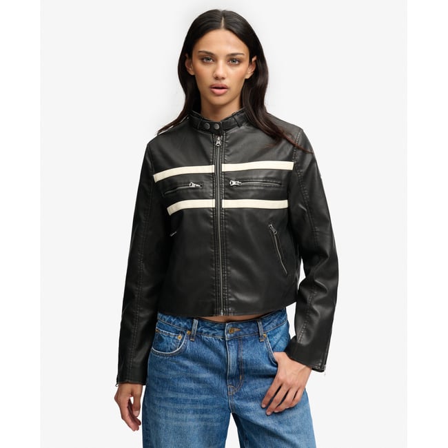 Veste en Simili Cuir Moto noir délavé/blanc cassé <span itemprop=