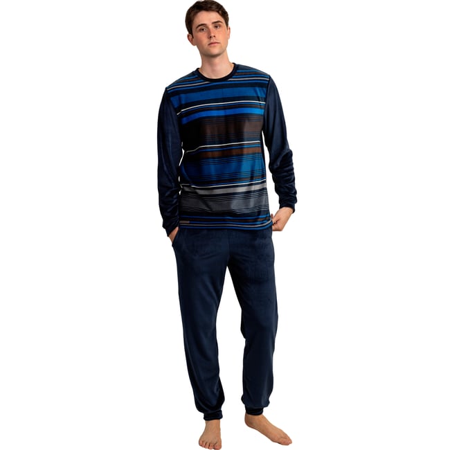 Pyjama velours pantalon top manches longues Glazure bleu marine <span itemprop=