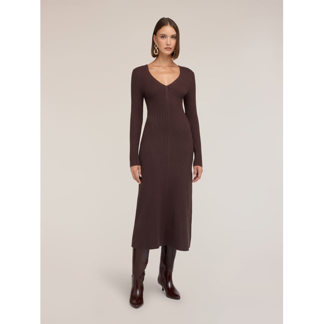 Robe évasée côtelée marron <span itemprop=