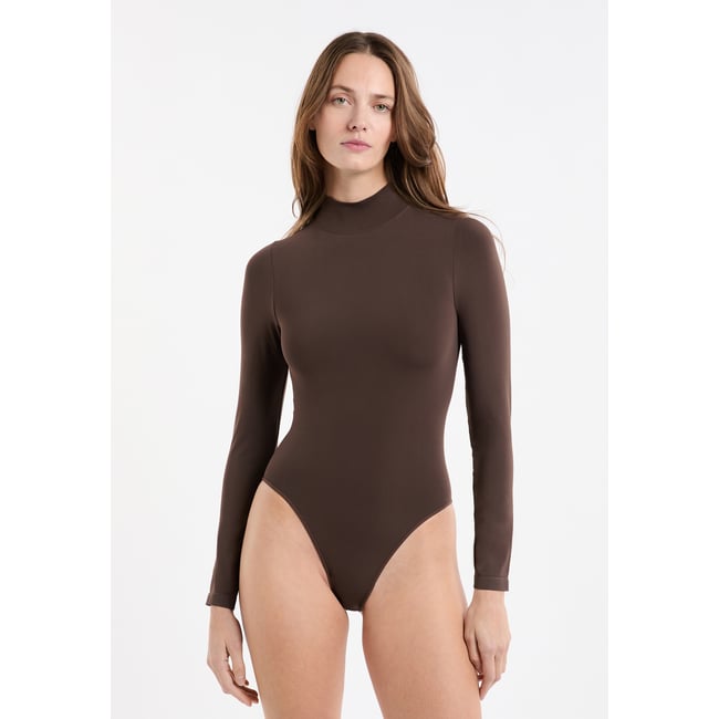 Body manches longues col montant MARILYN chocolat <span itemprop=