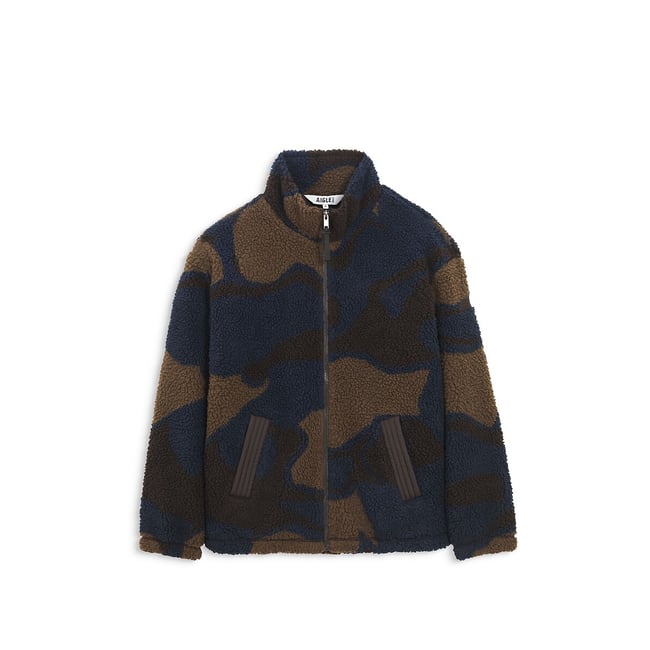 Veste zippée imprimée en sherpa bleu/marron <span itemprop=