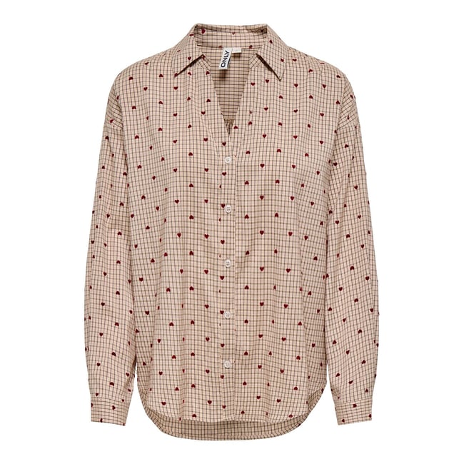 Chemisier à carreaux et petits cœurs imprimé beige <span itemprop=