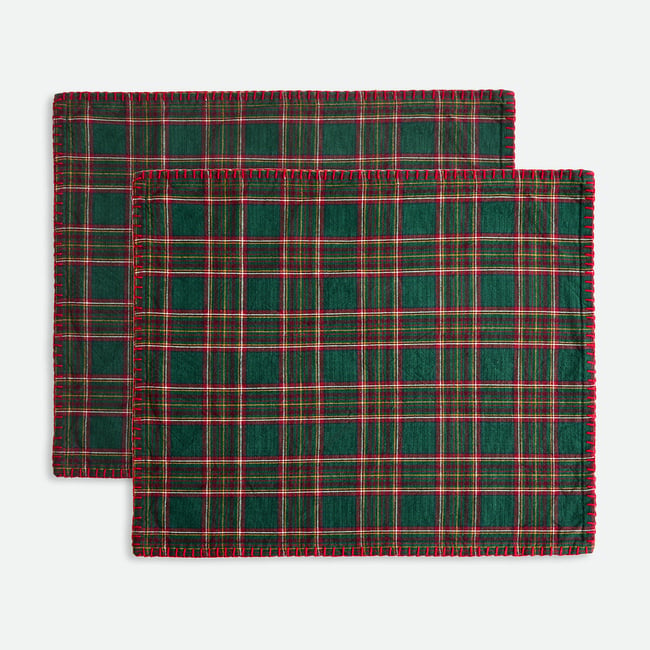 Lot de 2 sets de table à carreaux tissé teint, en coton lavé, WILSON carreaux vert <span itemprop=