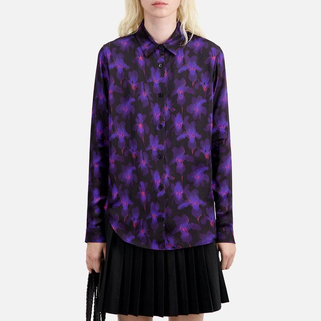 Blouse manches longues, col chemise noir/rose <span itemprop=