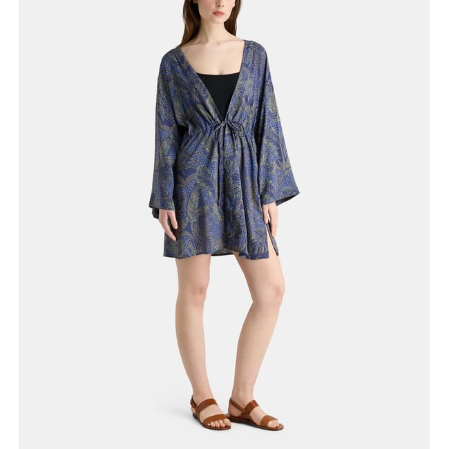 Kimono court prisca motif floral bleu marine <span itemprop=